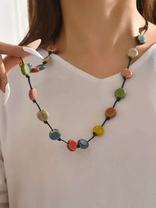 Boho Style Colorful Ceramic Bead Woven Pendant Necklace, Women's Sweater Chains Or Long Dress Accessories for Party, Daily Clothing Decor 7