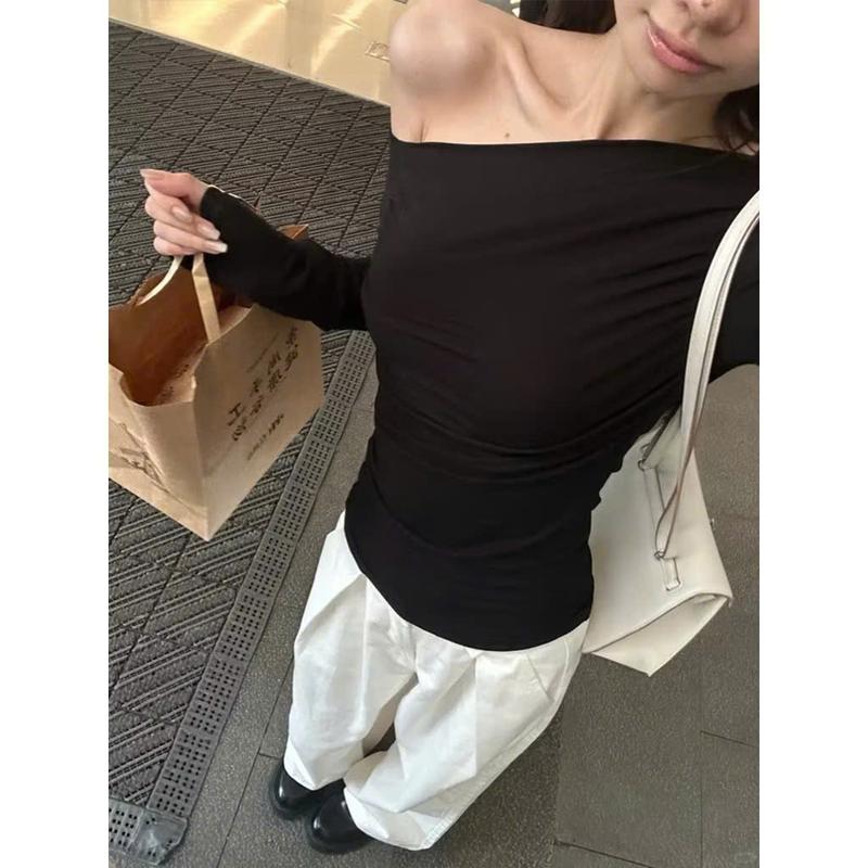 Áo thun dài tay lệch vai cotton mịn DALIE áo ôm body dài tay tôn dáng trẻ trung - A08 4