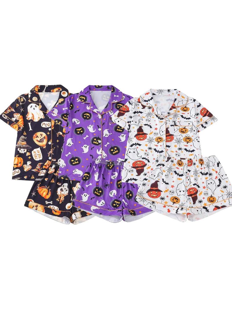Product Introduction of 【Plus Size】 Two-piece Set Pumpkin & Skull Print Lapel Neck Pocket Shirt & Elastic Waist Shorts Pyjama Set, Halloween Casual Comfy Short Sleeve Button Up Top & Shorts Pj Set, Halloween Pajamas, Christmas Pajamas, Pyjamas for Women 9