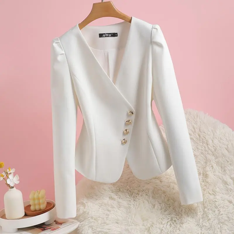 Áo Khoác Vest Nhỏ Không Cổ Dành Cho Nữ, Thiết Kế Tay Phồng Ngắn Và Dài, Dáng Ôm, Thích Hợp Cho Mùa Xuân Và Mùa Thu, Hàng Mới Về 2024