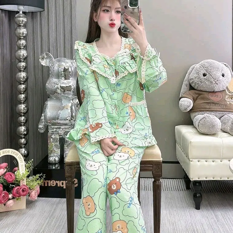 Bộ tiểu thư tay dài 40/60kg viền ren nhúng bèo chất đũi sốp .đồ mặc nhà thoáng mát Nhung Tim 8