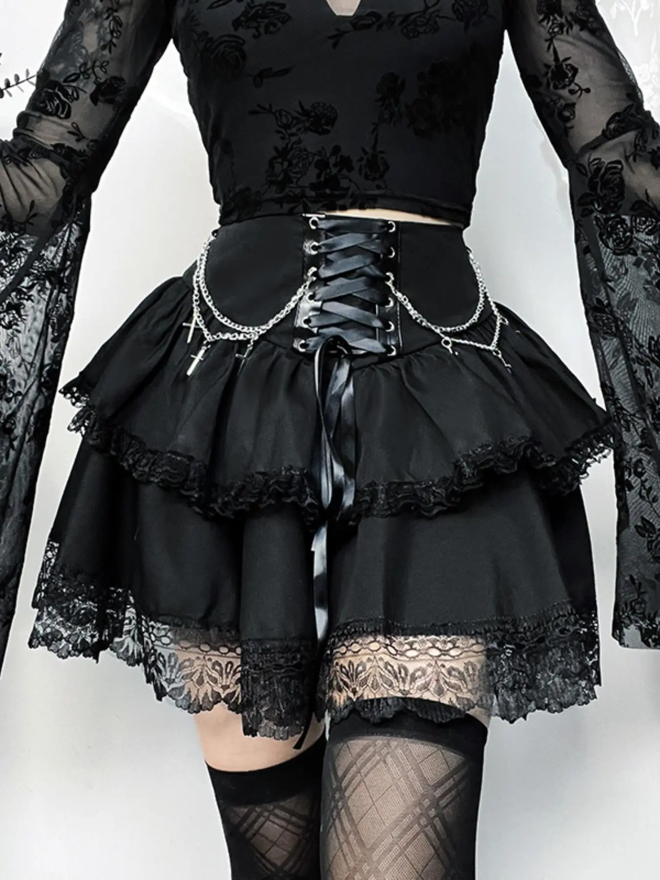 Women's Cross & Chain Decor Lace Skirt, Fancy Gothic Lace Up Ruffle Trim Skirt for Party Holiday Vacation, Ladies Bottoms for All Seasons