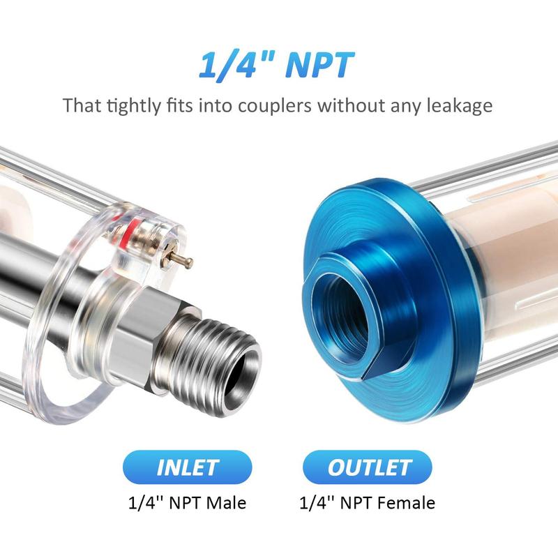 3 Pieces Water Oil Separator Filter Airbrush Filter Moisture Separator for Air Line Compressor Fitting, 1/4 Inch NPT Inlet and Outlet 1