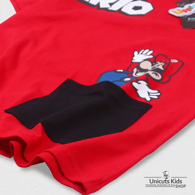 Kaos Anak Super Mario /  Baju Anak Laki Laki Mario Bros / Pakaian Anak Perempuan Pocket Red / Kaos Anak Anak Unicuts 3 Sampai 10 Tahun Bordir Fashion 1