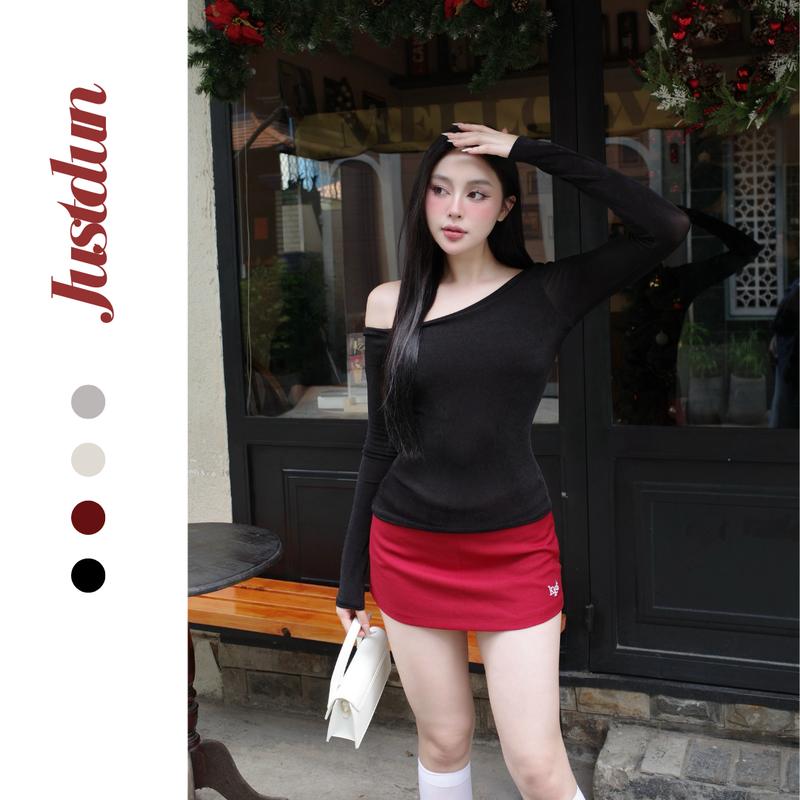 Áo thun nhũ lệch vai 2 lớp dài tay form ôm body Justdun B28