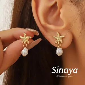 【Sinaya】Anting Wanita Cinta Bintang Laut Mutiara Alami Elegan Halus Baru Z238