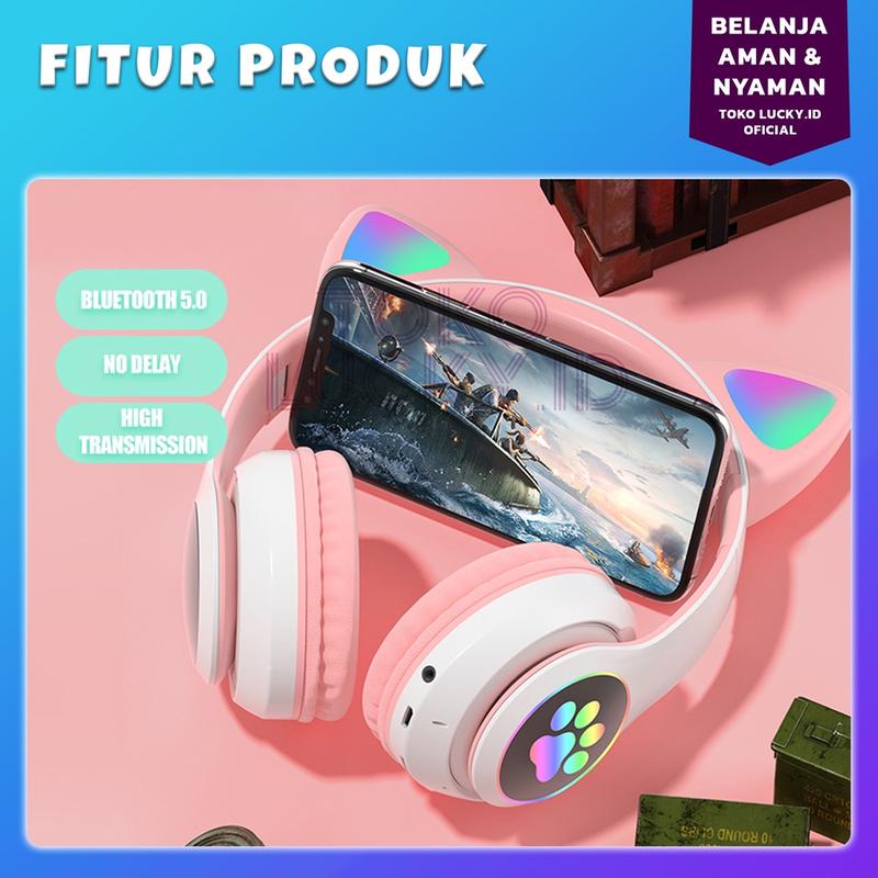Headphone Wireless Bluetooth Headset Cat Ear Telinga Kucing Gaming LED Stereo Bass Earphones 1