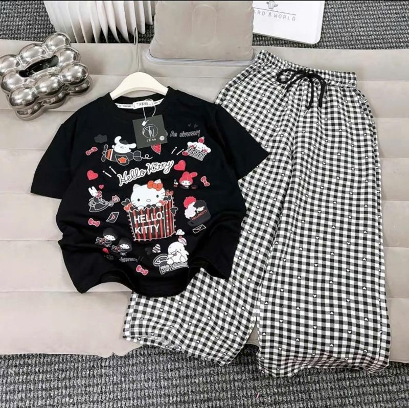 ( ComBô 2 Bộ ) Sét áo cộc tay quần ống xuông kẻ caro cho bé gái từ 9-42kg chất cotton su 4