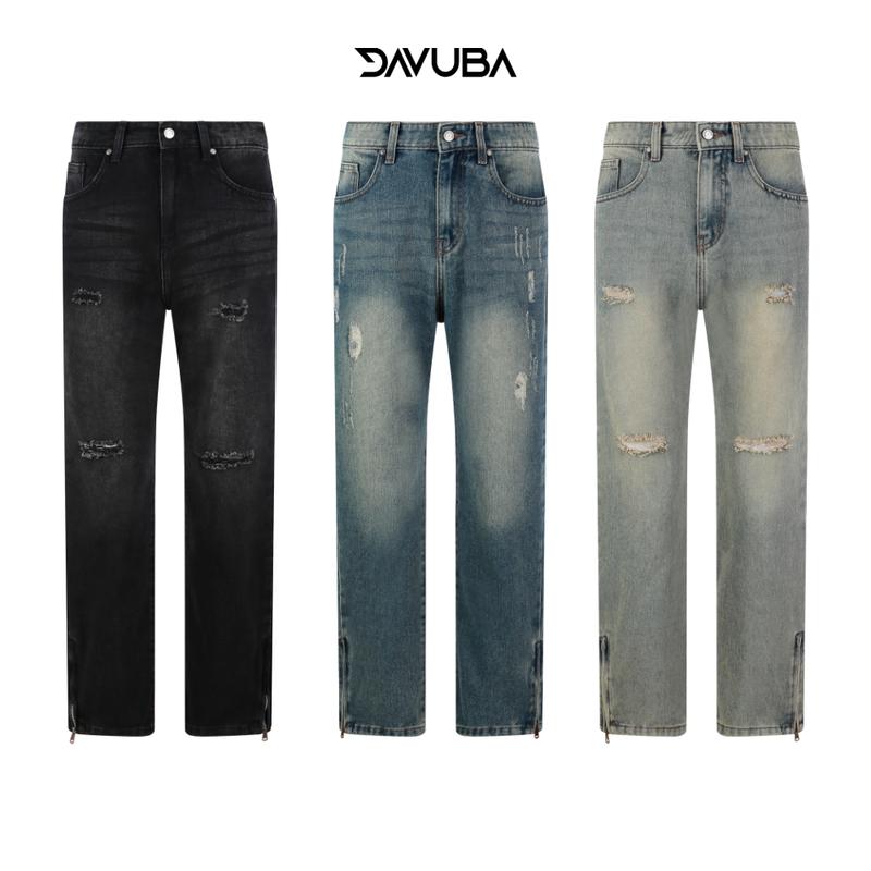 Quần Jeans Zip DAVUBA Wash rách gối nam SM122
