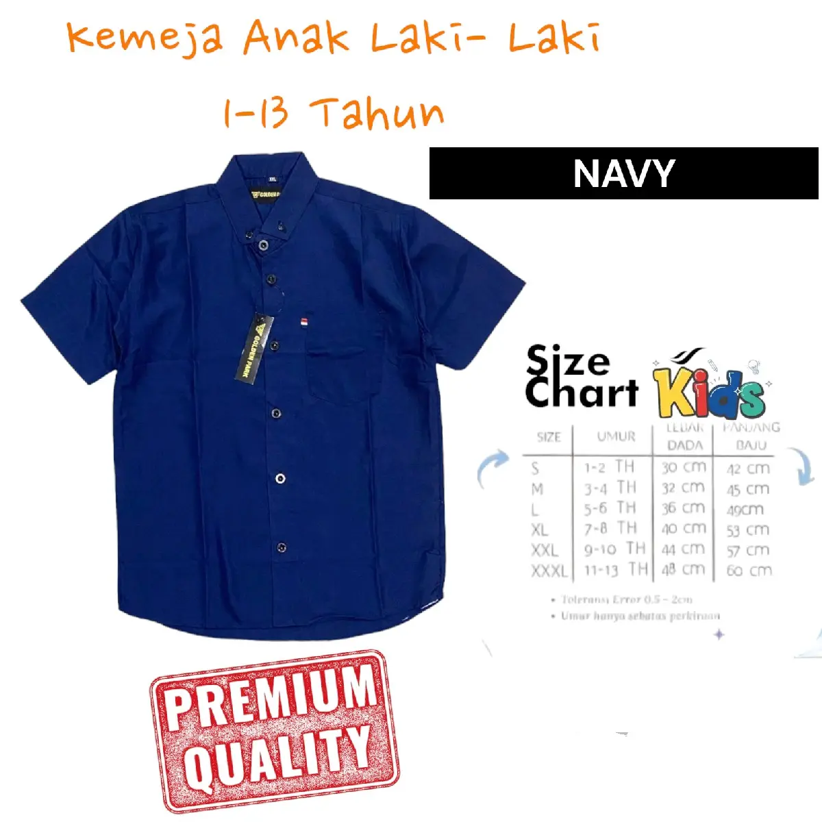 Kemeja Polos Anak Umur 1-13 Tahun Kemeja Polos Lengan Pendek Premium Polos Katun Hitam Putih Kids Laki-Laki