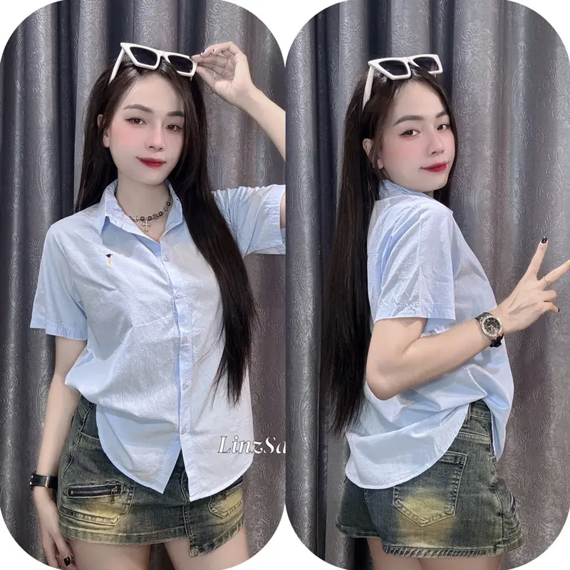 Áo sơ mi tay ngắn trơn cotton bột thêu hình - Nữ - LinzSa