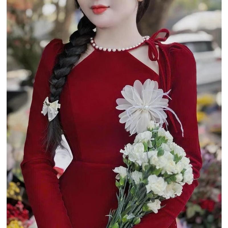 Product Introduction of set ao dài nữ chat vai nhung quần lụa tuyet nhung di du xuan Women( ko co hoa cai) Dress 17
