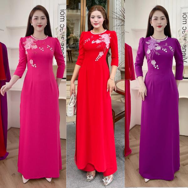 Áo dài Lụa Mỹ cổ tròn tay bồng nhiều màu thêu hoa thủ công đính hạt áo dài may sẵn dành cho nữ xưởng may áo dài Khả Trang AODAIVN
