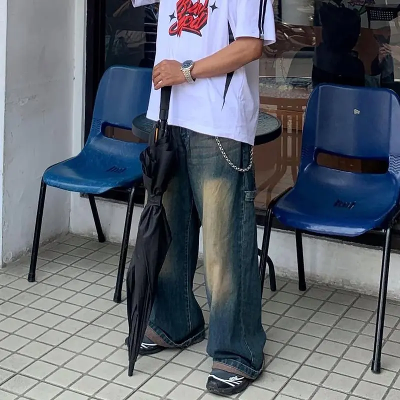 Celana Jeans Kulot Pria Baggy Pants Skena Y2K Korean Style Loose-fitting Non Stretch - Panjang, Hitam Straight Denim Dewasa Pendek Wanita Cowok 0