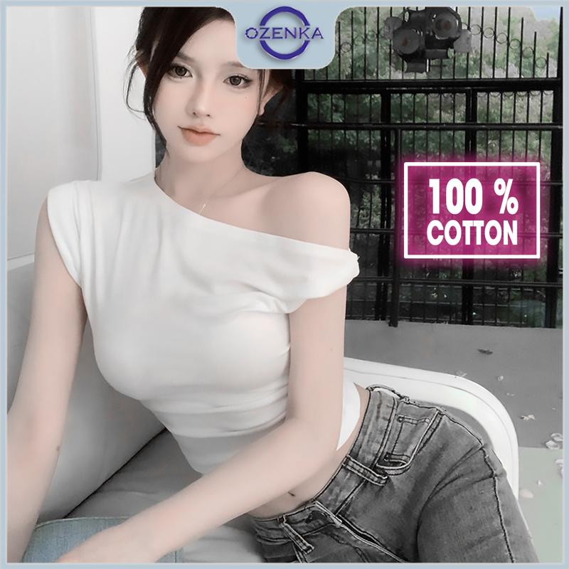 Áo croptop hở vai kiểu nữ ôm body nhún eo cotton đen trắng ozenka , áo crt trễ vai gợi cảm sexy sang chảnh mềm mịn mát Trơn Ôm gọn Voi Shirt Women Jean Sơ Mi