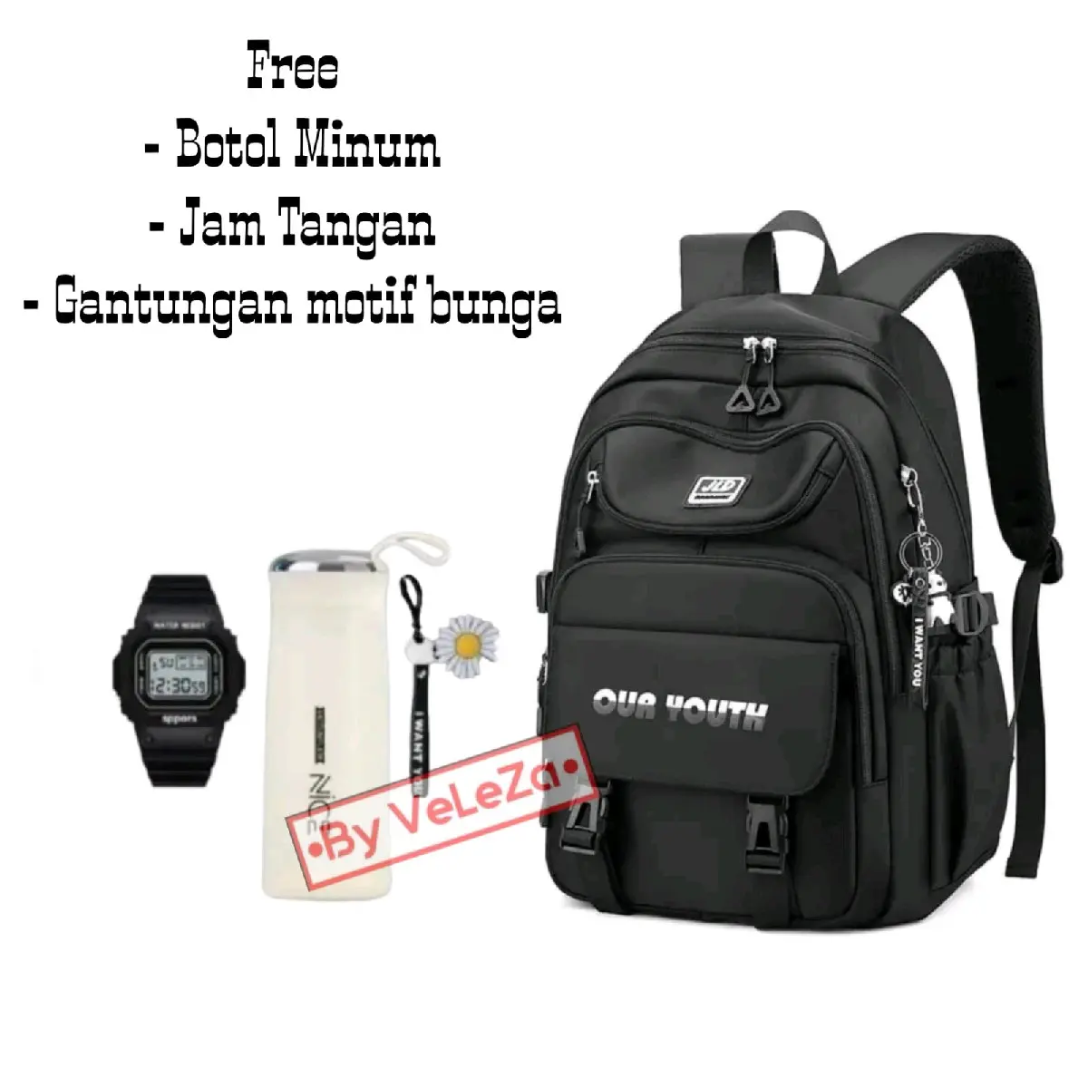 Tas ransel anak sekolah SD SMP SMA our youth gratis jam botol minum kaca gantungan tas ransel anak remaja our youth tas ransel