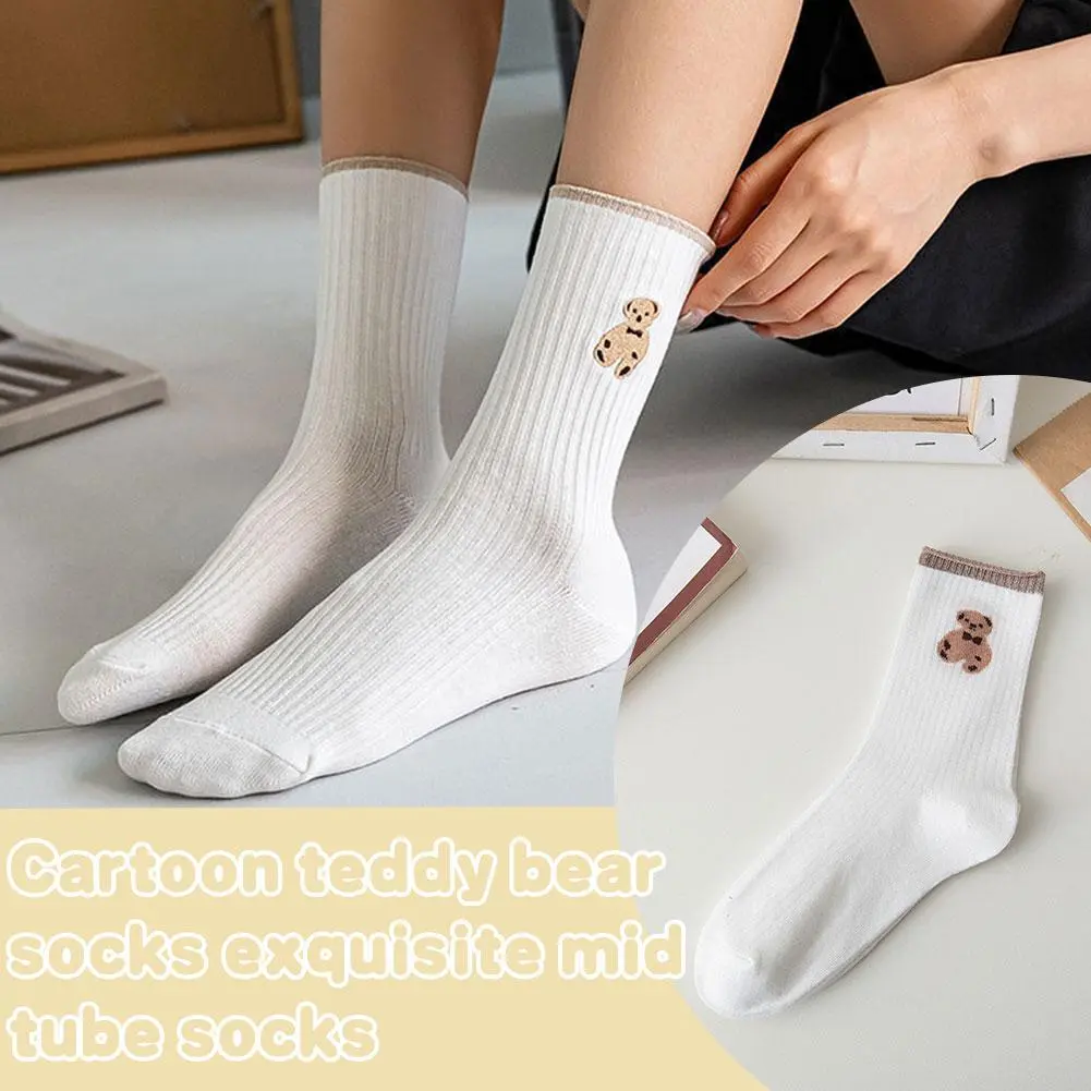 SS24 1 Pair Cartoon Cute Bear Theme Cotton Socks Kawaii Woman Middle Socks New Tube Print Socks O6V0