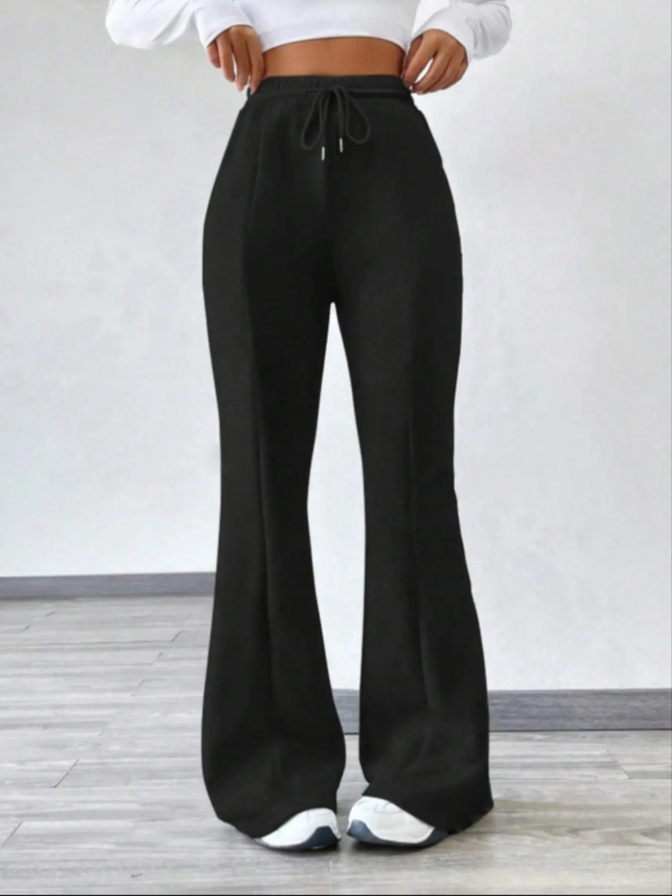 Women's Solid Drawstring Waist Flare Leg Pants, Casual Comfy High Waist   Elastic Waist Bell Bottom Trousers for Fall & Winter, Women's Bottoms for Daily Wear