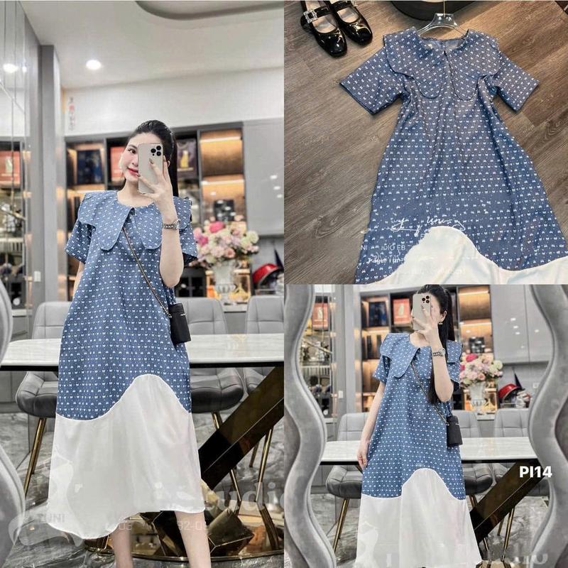 Váy baby doll cổ tiên cộc tay dáng dài họa tiết nơ denim mềm đầm bầu big size trẻ trung mặc đi làm đi chơi đi tiệc Nữ Women