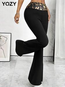 YOZY Women's Patchwork Leopard Print Flare Leg Pants, Casual Comfy Bell Bottom Trousers for Daily Wear, Ladies Bottoms for All Seasons