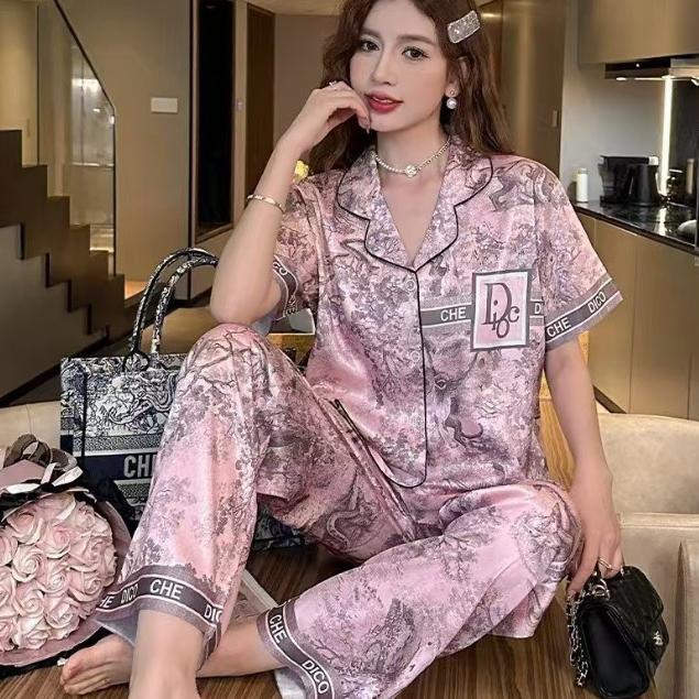 Piyama wanita kardigan sutra es baru yang dipakai di rumah dengan tinta set Celana Panjang Pendek Satin Atasan Setelan 1