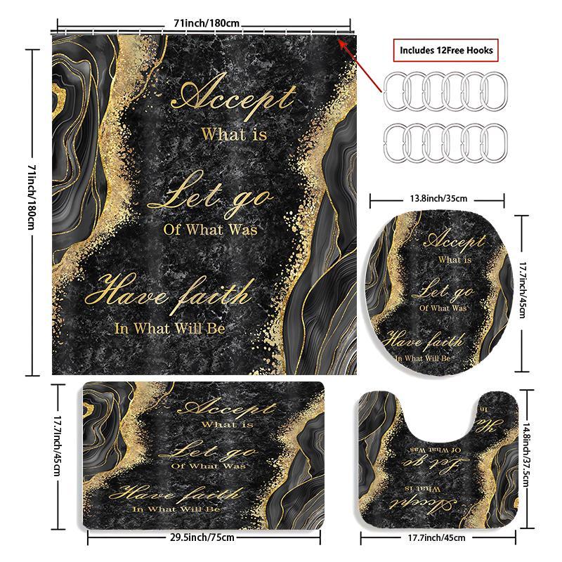 Marble Pattern Bathroom Accessories, 1 Set Including Shower Curtain with 12 Hooks, Non Slip Bath Mat, U Shaped Rug, Toilet Lid Cover, Bathroom Decor Supplies 1