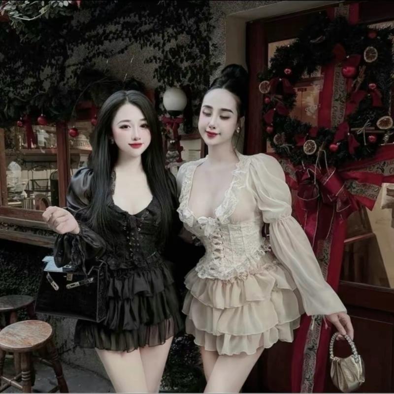 Set Áo Voan Đan Dây Phối Ren Tay Phồng Kèm Chân Váy Nữ