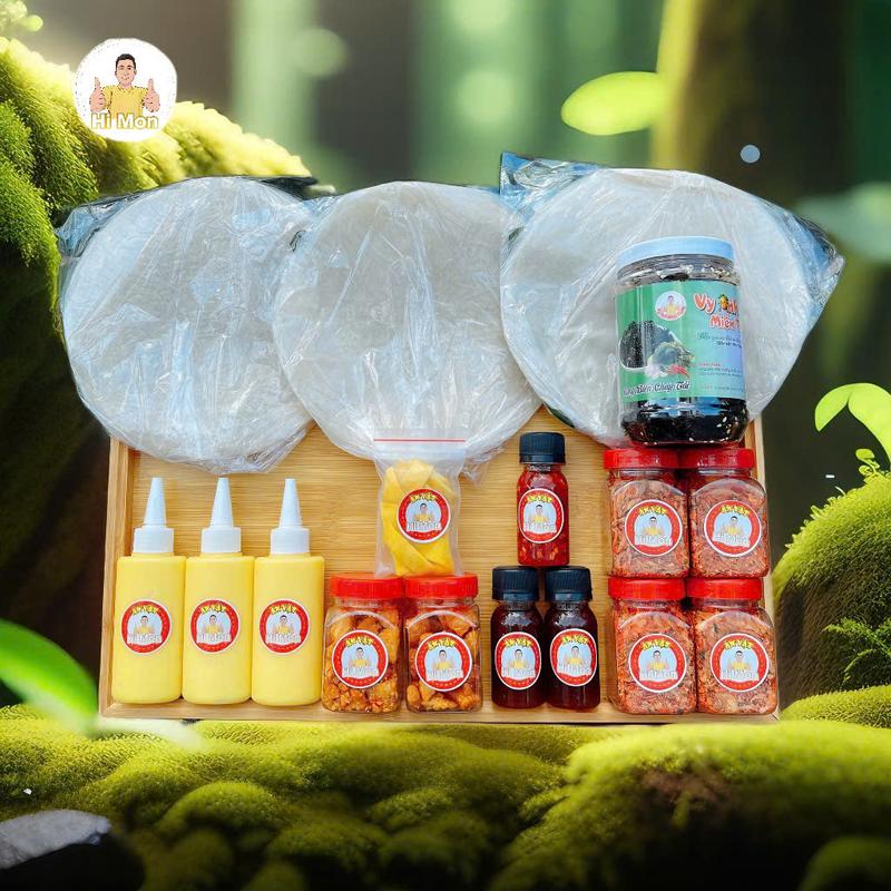 COMBO ( 3 BÁNH TRÁNG PHƠI SƯƠNG + 4 TÉP HÀNH PHI + 3 SỐT BƠ/BÉO + 2 TÓP MỠ MẮM TỎI + 2 SỐT TẮC + 1 ỚT RIM + 1 XOÀI SẤY DẺO + 1 RONG BIỂN ( HI MON)