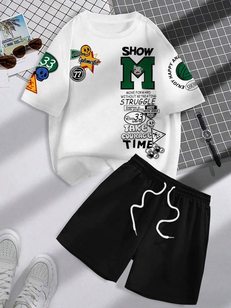 Product Introduction of Men's Letter Print Short Sleeve Tee & Shorts Two-piece Set, Regular Fit Round Neck T-shirt & Track Shorts, Casual Fashion Cozy Breathable Men Two-piece Outfits for All Seasons 5