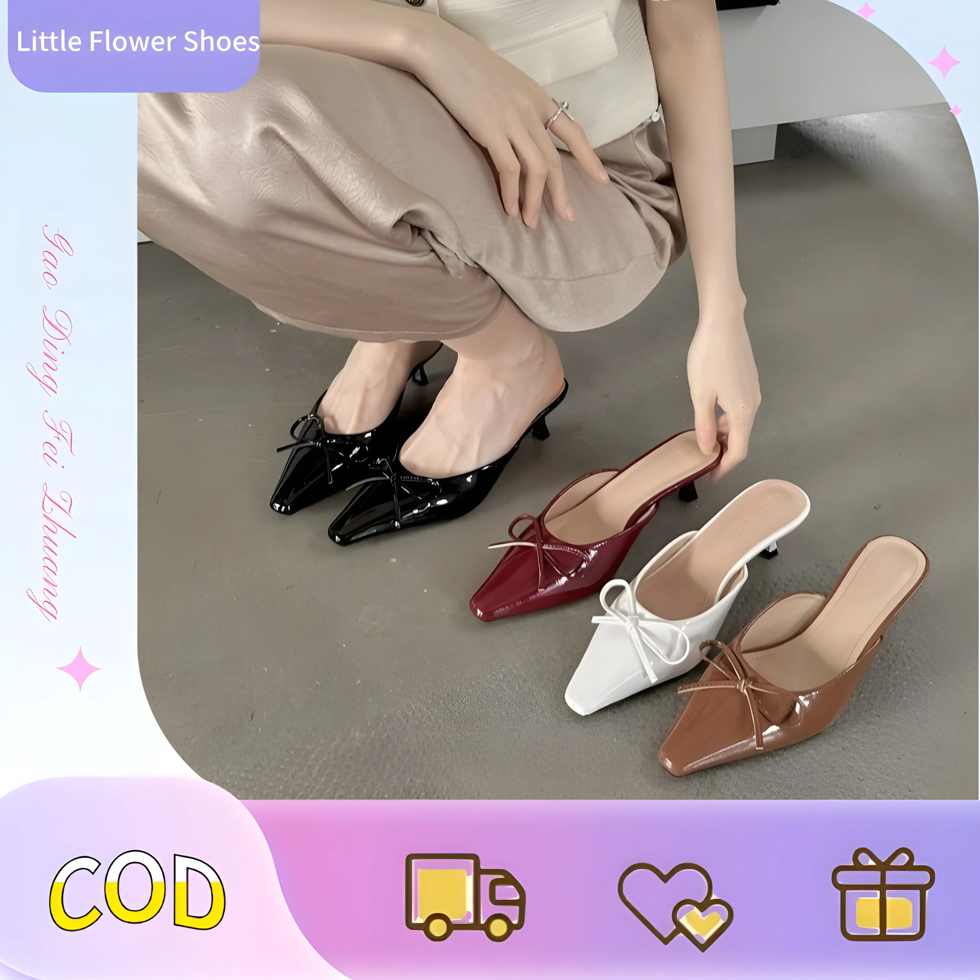 Bow Mid Heel Stiletto Heel Mules Shoes Closed Toe Half Slippers Women's High Heels Elegant Sandals