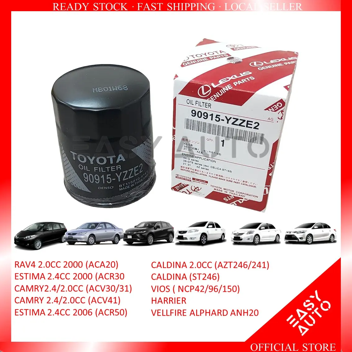 TOYOTA OIL FILTER -90915-YZZE2 TOYOTA RAV4  (ACA20) ESTIMA  (ACR30), CAMRY2.4/2.0CC (ACV30/31), CAMRY(ACV41) ,ESTIMA(ACR50),CALDINA  (AZT246/241), CALDINA (ST246),VIOS ( NCP42/96/150) ,HARRIER ,VELLFIRE ,ALPHARD ANH20 (EASY AUTO)
