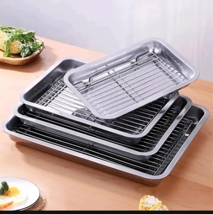 1 set 4 pcs  colling rak & nampan stainless / coling rak peniris makanan & nampan