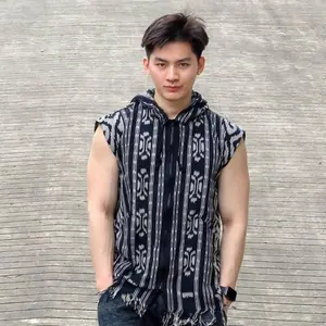 Granito.id - Ponco Hoodie Tenun Songket Ikat Ori Pria Sweater Pendek