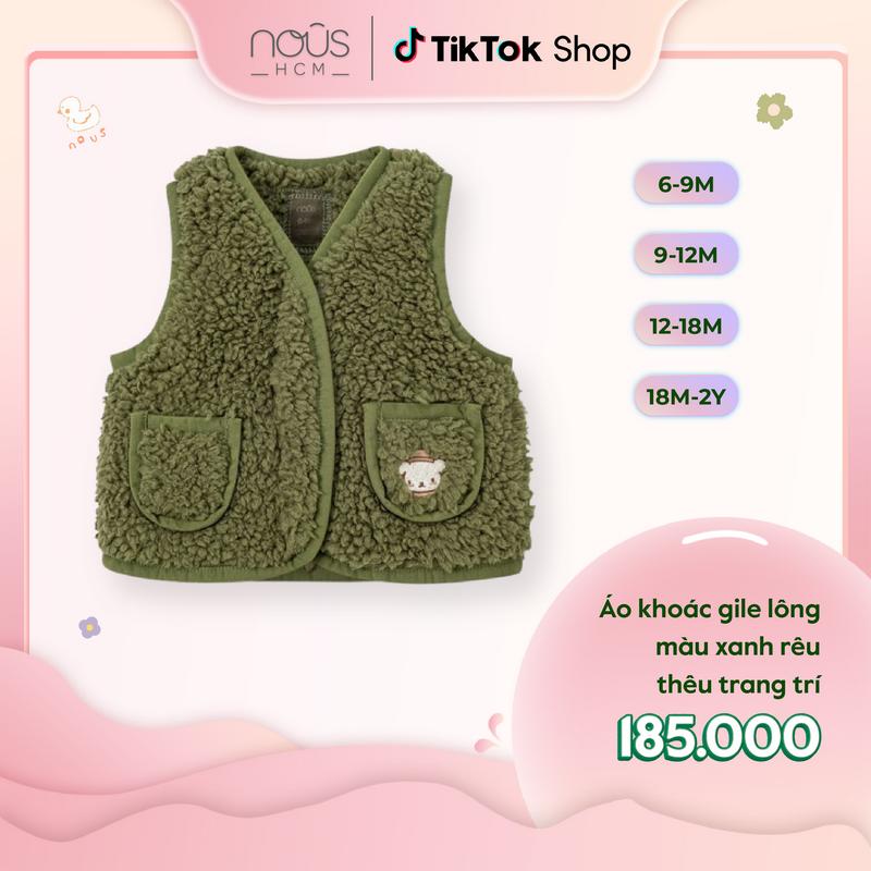 [Nous Baby] S08 Áo khoác gile lông màu xanh rêu thêu trang trí, áo khoác Nu Thermo cho bé BST T10