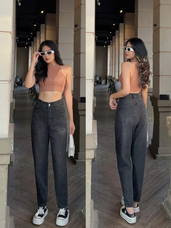 Quần Baggy Lưng Cao 1 Nút Kiểu Đơn Giản Thời Trang QC mã 346 Pants Jean Women Nữ 0