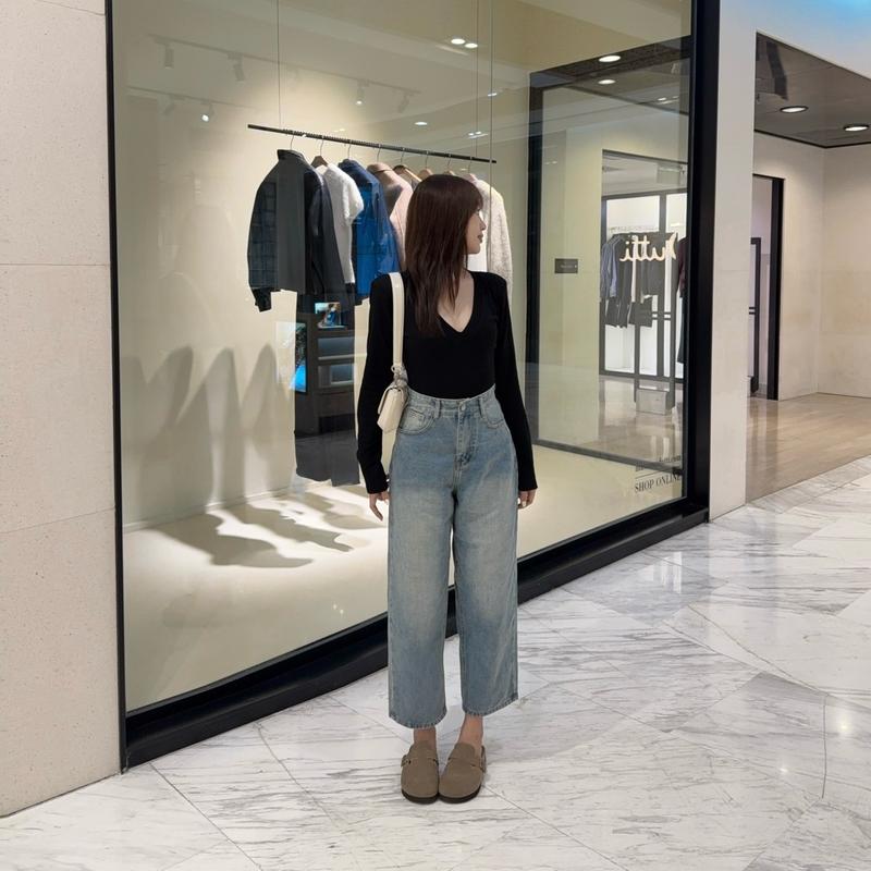  Quần jean baggy nữ dáng rộng lửng lưng cao 