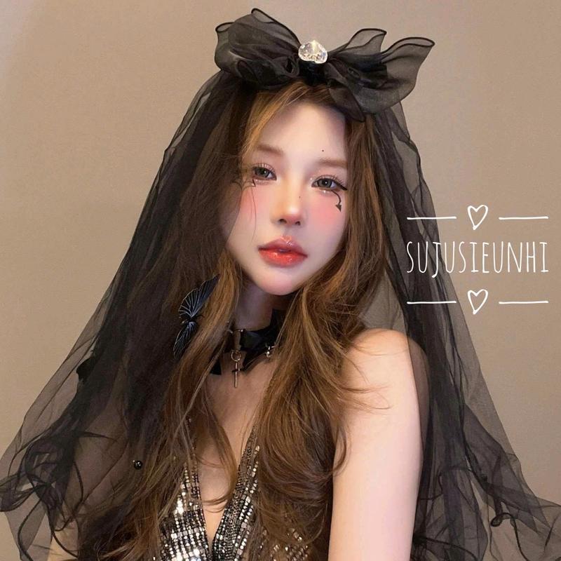 Khăn voan lúp cài đầu hình nơ trái tim gắn bướm đen hoá trang cô dâu phụ kiện tóc halloween huyền bí Hoa 7
