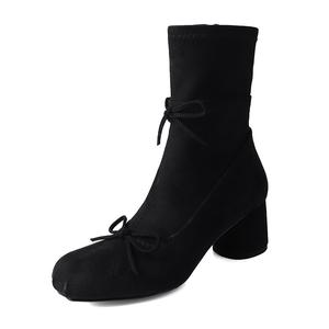 POPIONEER フランスカシミアアンクルブーツ2025新しいラウンドつま先バレエ弓スエードスティレットミッドチューブ人気のミッドヒールノンスリップ リボン  ブーツ 足元  おしゃれ 差し色  ブーツ