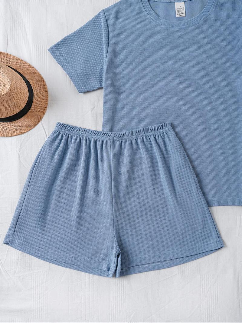 Product Introduction of Women's Solid Waffle Knit Lounge Set, Casual Comfy Short Sleeve T-shirt & Shorts Matching Pj Set, Ladies Sleepwear for Summer, Perfect Matching 4