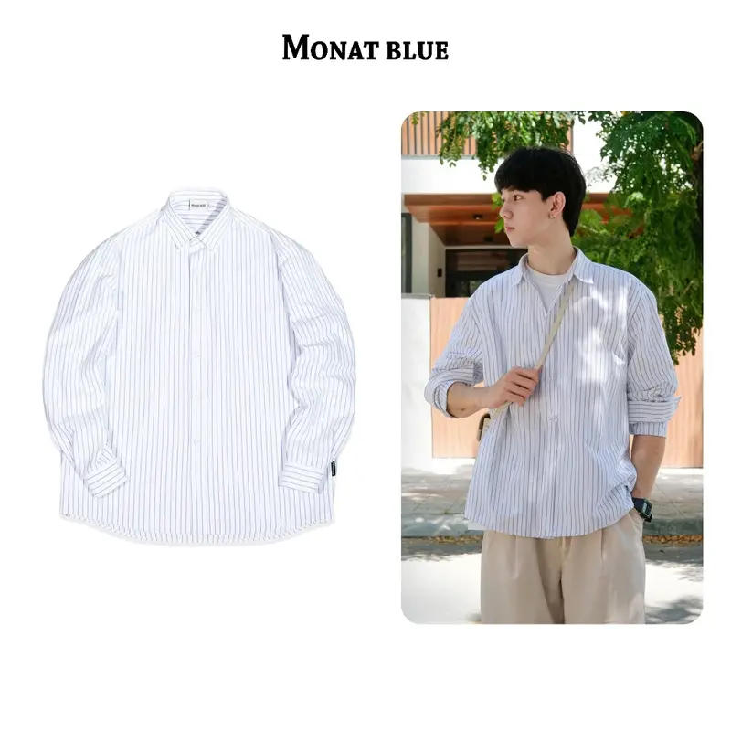 MONAT BLUE Oxford Shirt kẻ to - Áo sơ mi chất vải Oxford kẻ sọc tay dài unisex Menswear Nam Cổ Tròn sơmi sominam  dep 0