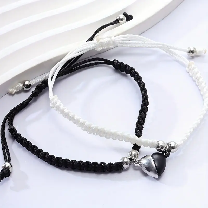 2pcs Heart-shaped Combination Couple'S Hand Woven Adjustable Bracelet Set, Valentine'S Day Gift, Friendship Bracelet, Casual Vacation Bracelet 0