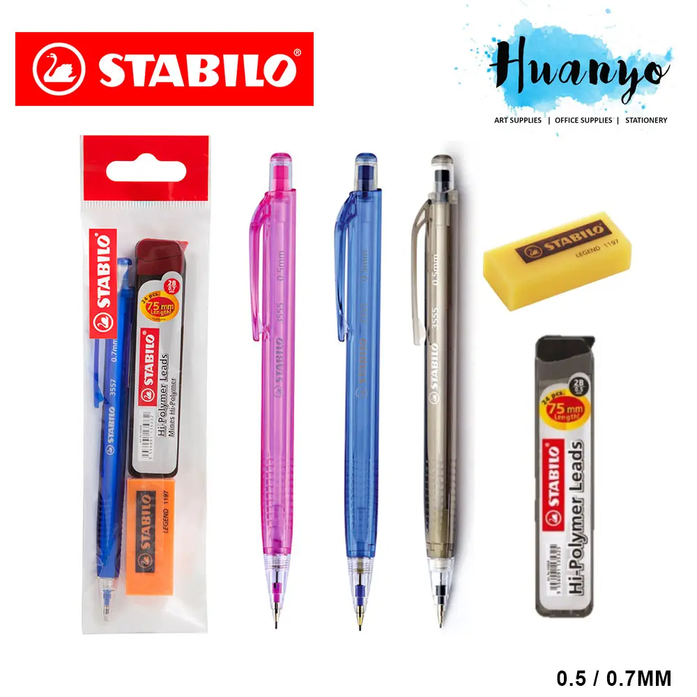 Stabilo Tri Grip Mechanical Pencil 3557 & Hi Polymer Pencil Lead Refill Promo Value Set (0.5 / 0.7MM) [Free Eraser]