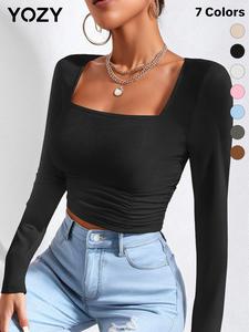 YOZY Ruched Square Neck Crop Tee/ Casual Basic Plain Minimalist Long sleeves Ribbed Slim T-shirt, Women's Daily Wear for Spring & Autumn