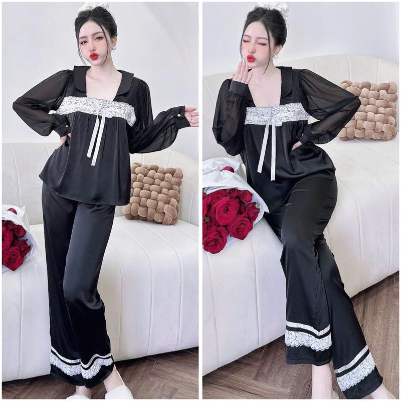 Đồ bộ ngủ pijama áo tay voan cổ vuông quần dài dành cho nữ họa tiết trơn chất liệu lụa latin mềm mịn Women 4