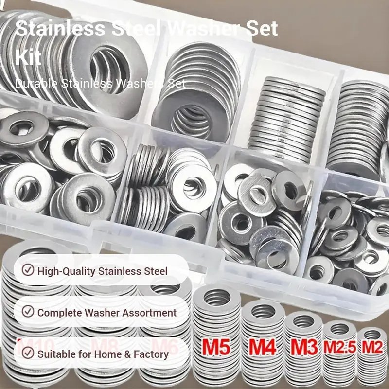 Stainless Steel Washer Set, M2 M2.5 M3 M4 M5 M6 M8 M10 Washer Assortment Kit, Fastener & Hooks for Home, Factory 1