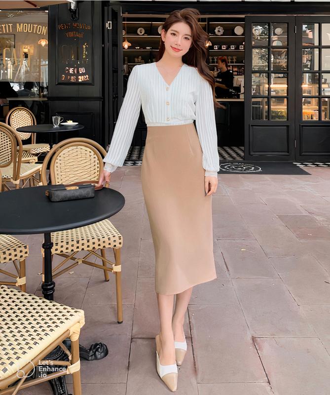 Chân váy bút chì công sở xẻ sau 2 lớp 70cm Khuy Nữ Đen