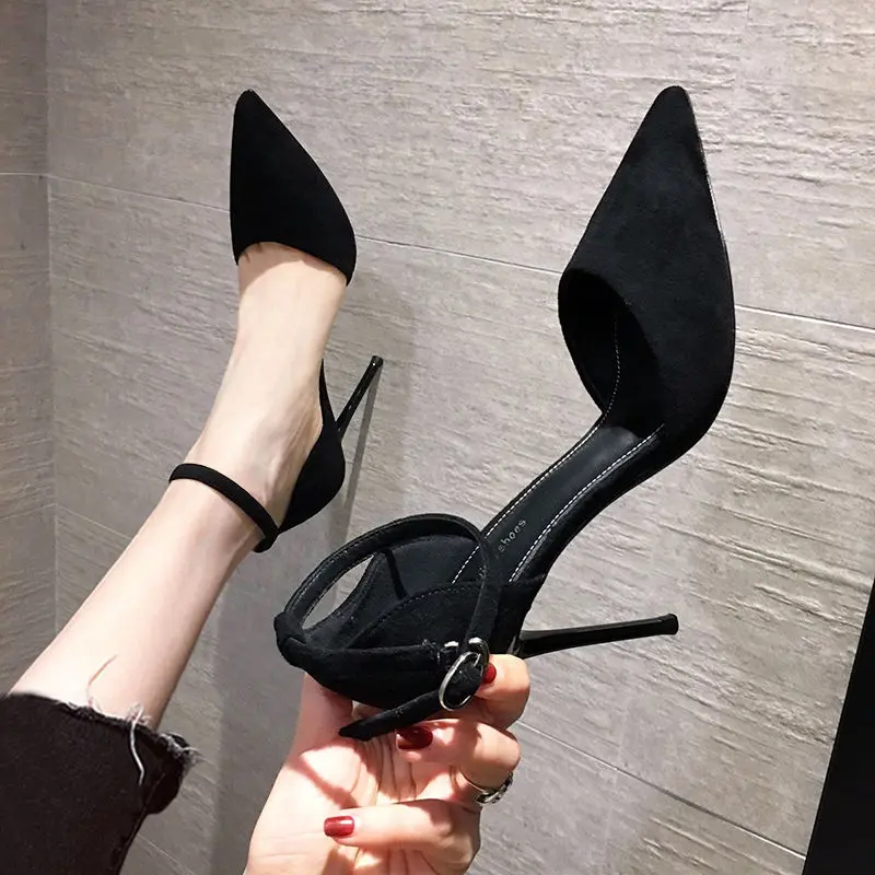 2025 Black High Heels Women's Stiletto Heel New French Style Hollowed Pointed-Toe Pumps 2025 Summer One Word Strap Closed Toe Sandals Women's Popular