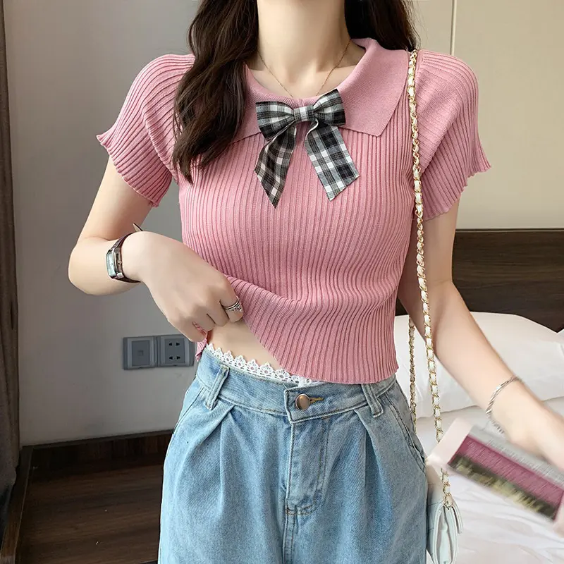 Atasan Crop Korean Style Lengan Pendek Wanita Rajut Premium (A.pita)/ Atasan lengan motif pita Baju Top 1