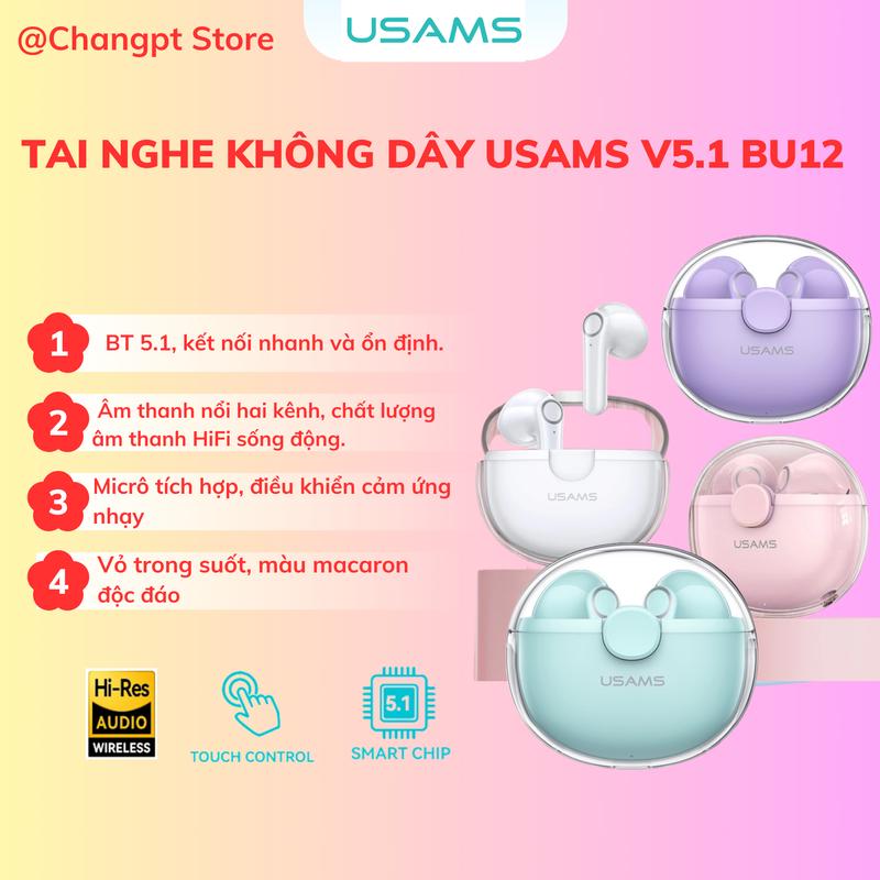 Tai nghe nhét tai không dây USAMS-BU12 TWS - B Series BT 5.1 âm thanh HiFi nhập vai micrô tích hợp vỏ trong suốt màu macaron độc đáo