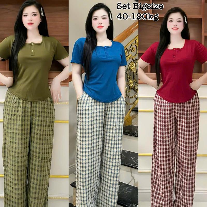  Set Bộ Dài Bigsize Nữ Áo Thun Cổ Tròn Khóa Nút Phối Quần Dài Vải Sọc Caro Nhung Mịn Mát Dễ Thương Cao Cấp 50-95kg - 2506 